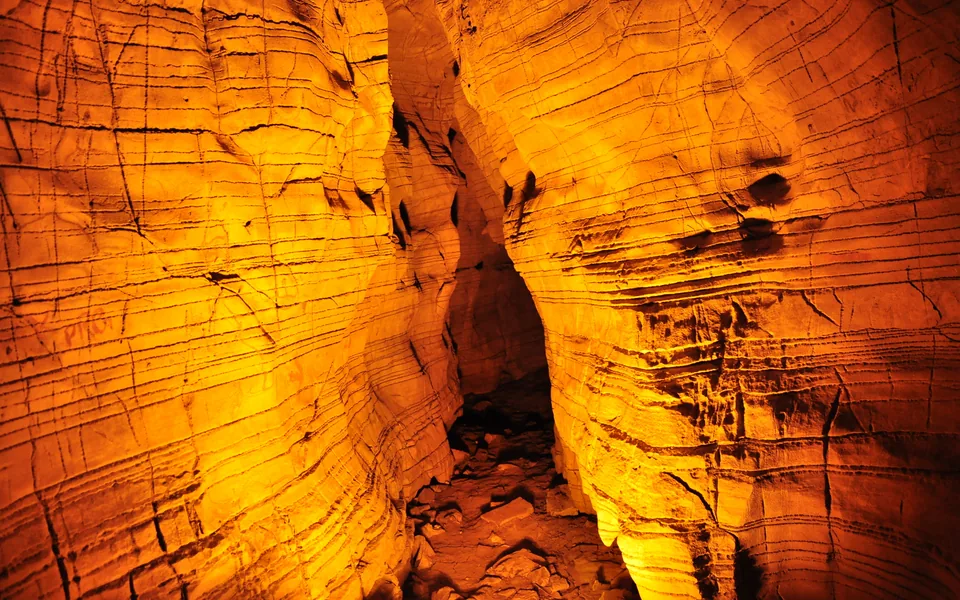 Warm lighting illuminating limestone walls inside Belum Caves.
