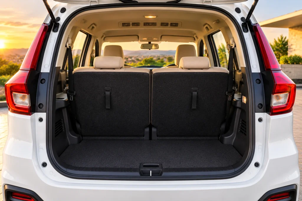 AI-generated illustration of open rear hatch and luggage space behind the third row.