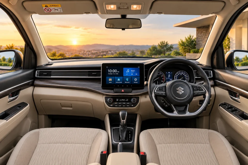 AI-generated illustration of right-hand-drive dashboard, steering wheel and centre console.