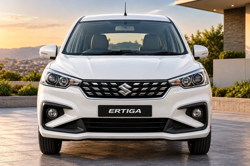 AI-generated illustration of front grille, headlights and bonnet of a white Suzuki Ertiga.