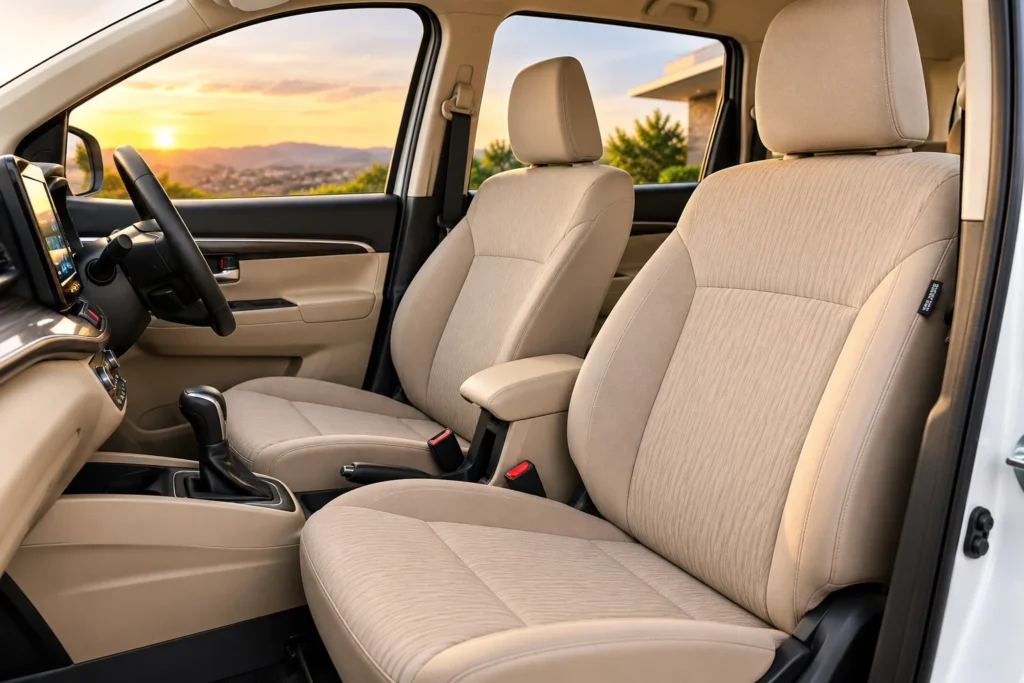 AI-generated illustration of beige front seats and centre armrest.