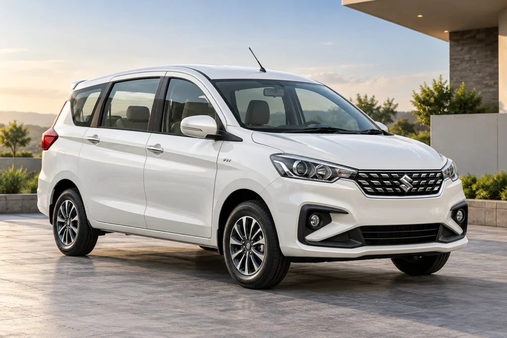 AI-generated illustration of white Suzuki Ertiga viewed from the front three-quarter angle.