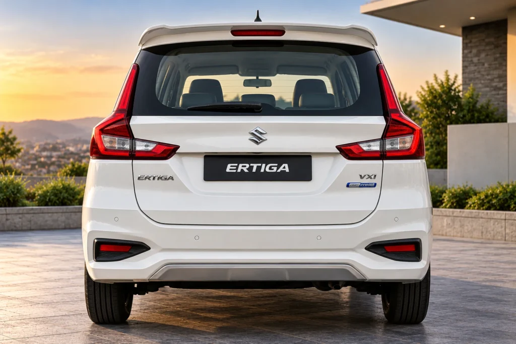 AI-generated illustration of rear hatch and tail lights of a white Suzuki Ertiga.