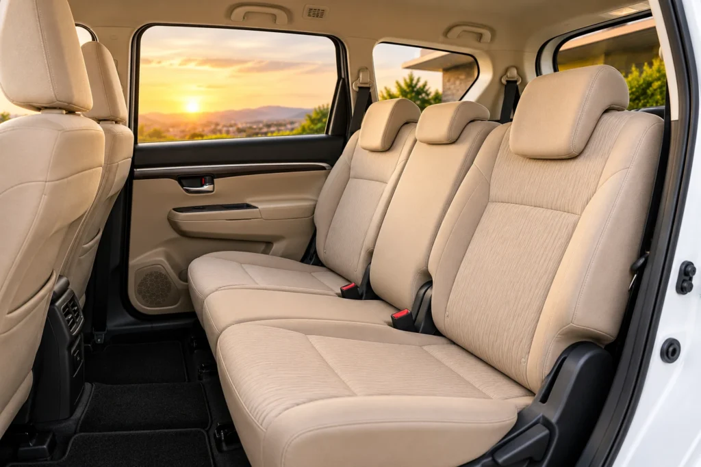 AI-generated illustration of beige second-row seating and door trim.