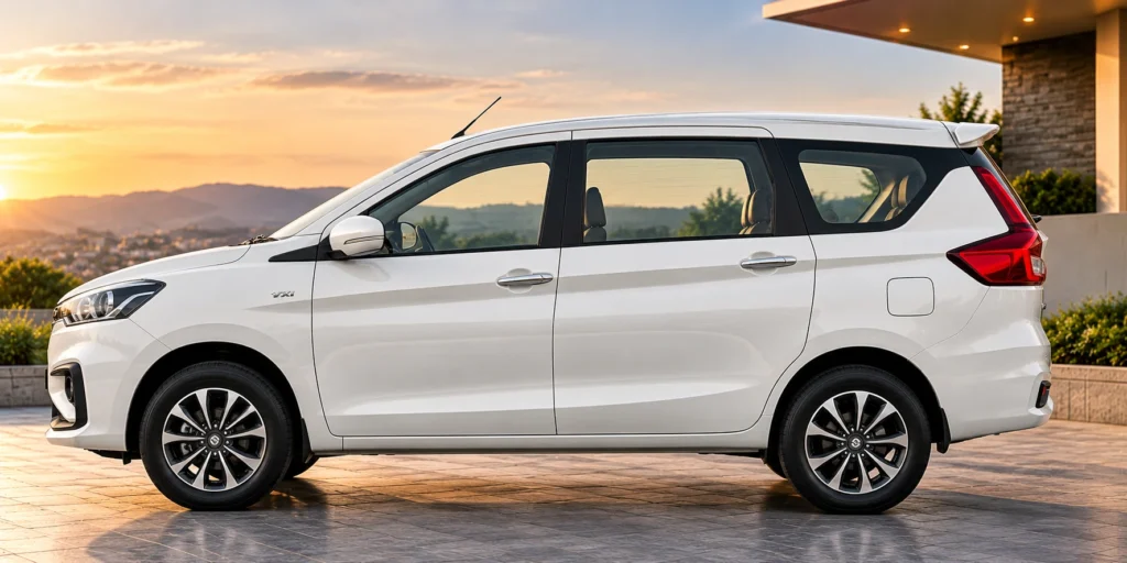 AI-generated illustration of full side profile of a white Suzuki Ertiga.