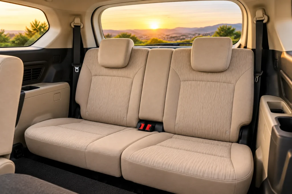 AI-generated illustration of beige third-row seats and rear window.