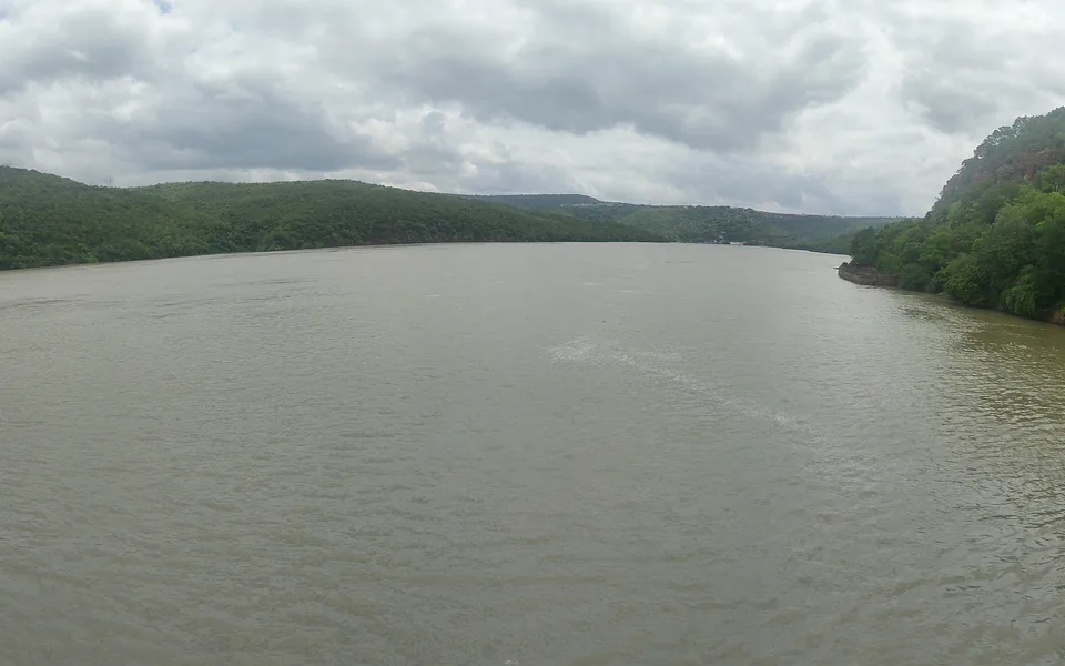 The Srisailam reservoir and surrounding hills.