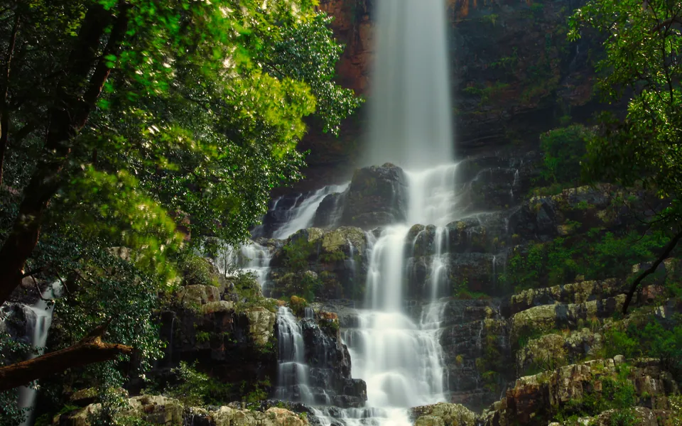 Talakona waterfall cascading over rocks surrounded by green forest.